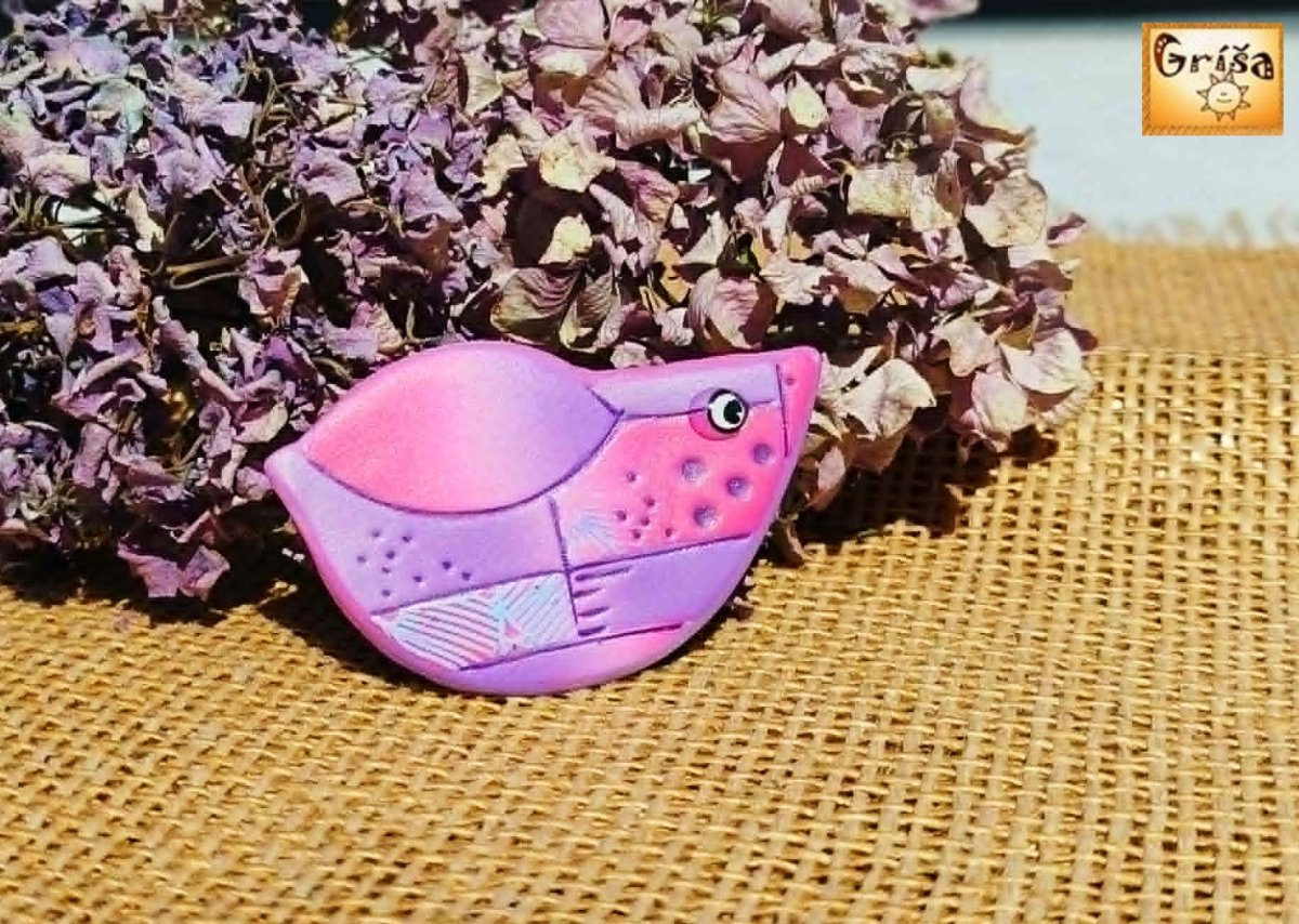Ptačí brož - fialová, magenta