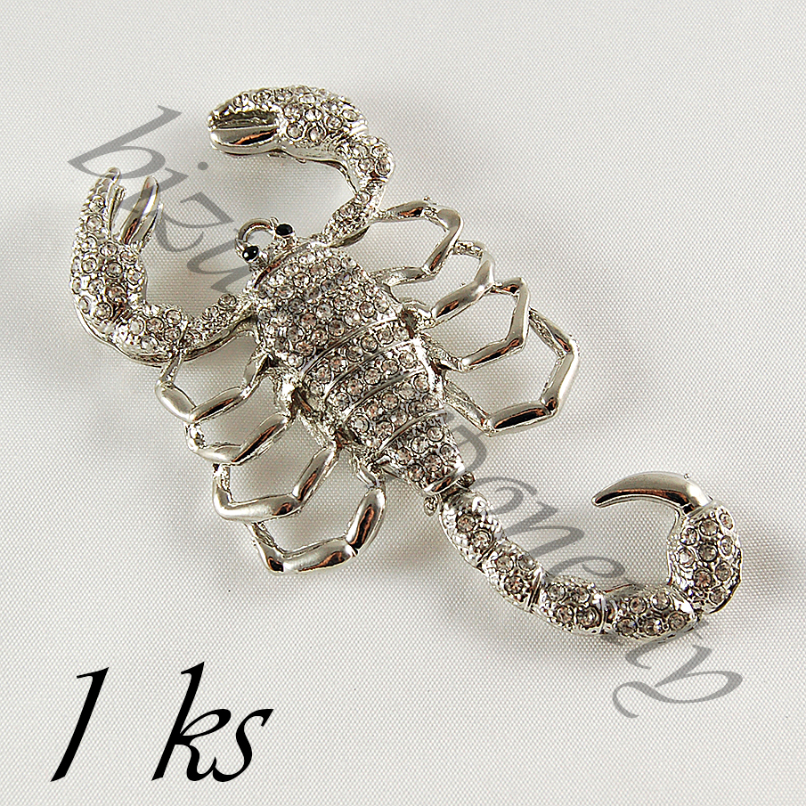 Velký stříbrný 3D štír s čirými šatony (02 0538)