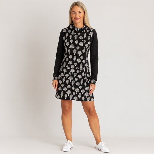 Mikinové šaty s kapucí - stromy na černé (teplákovina)