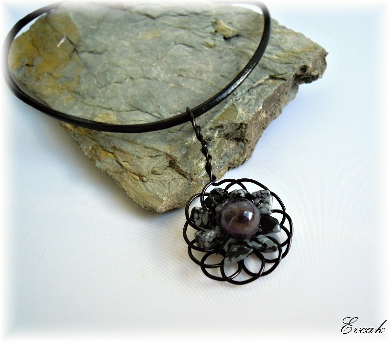 Drátkovaný s ametystem a obsidiánem