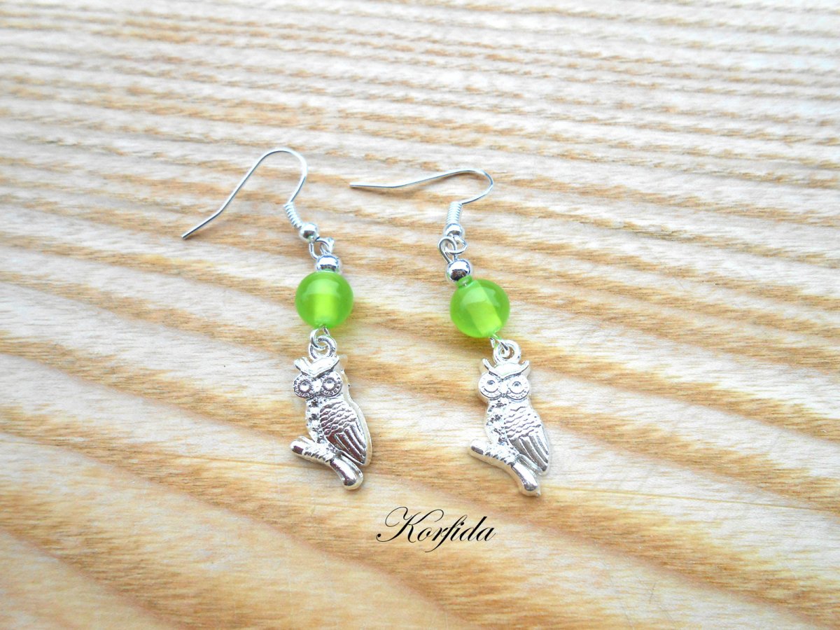 Náušnice sovičky - zelená + stříbrná (578/16)
