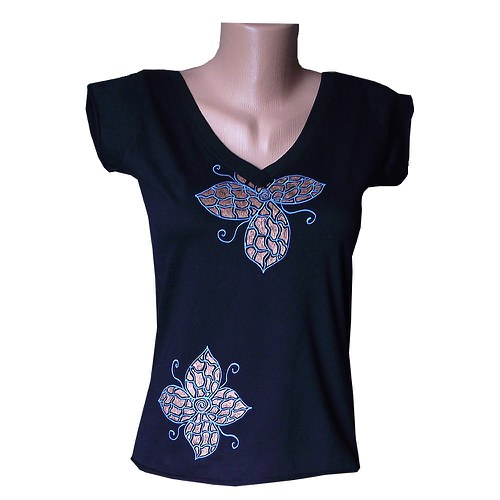 Tyrkysovo-měděné květy na černém tričku vel. 38