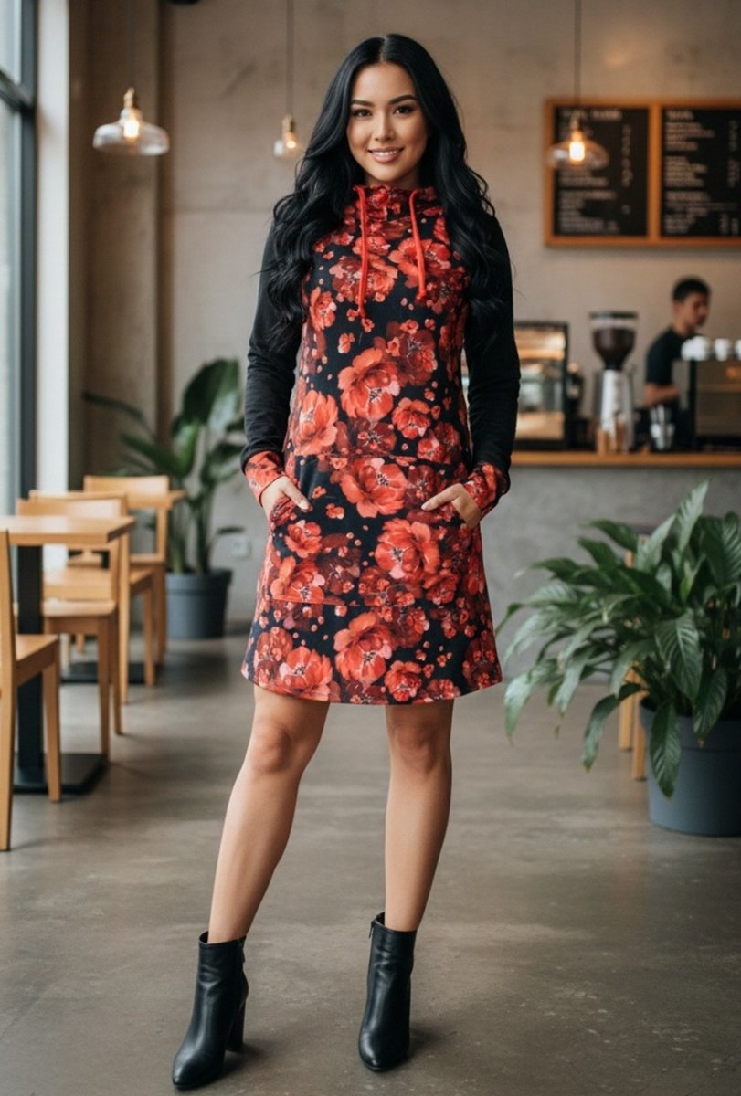 Dámská mikino-tunika s kapucí - červené květy (teplákovina)