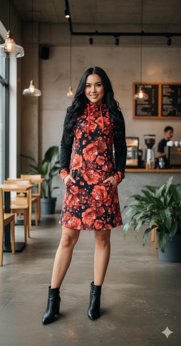 Dámská mikino-tunika s kapucí - červené květy (teplákovina)