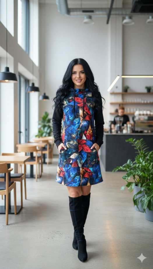 Dámská mikino-tunika s kapucí - metalické listy (teplákovina)