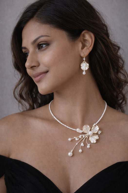 Elegantní náhrdelník s perličkami a květinovým motivem + náušnice