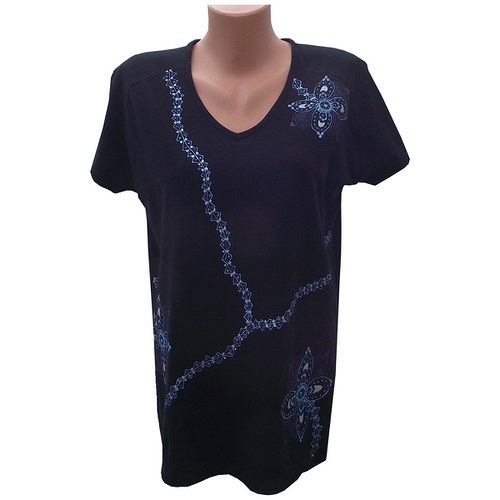 Černé triko s fialovo - tyrkysovými květy vel. 48