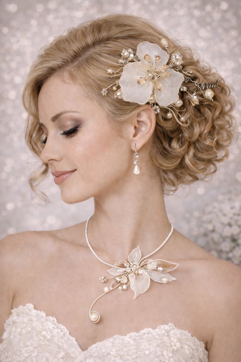 Jemný svatební set – náhrdelník náušnice a ozdoba do vlasů v krémové barvě s perličkami.