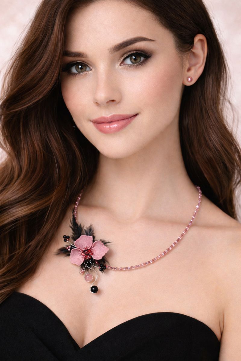 Elegantní růžový náhrdelník s květinovou ozdobou