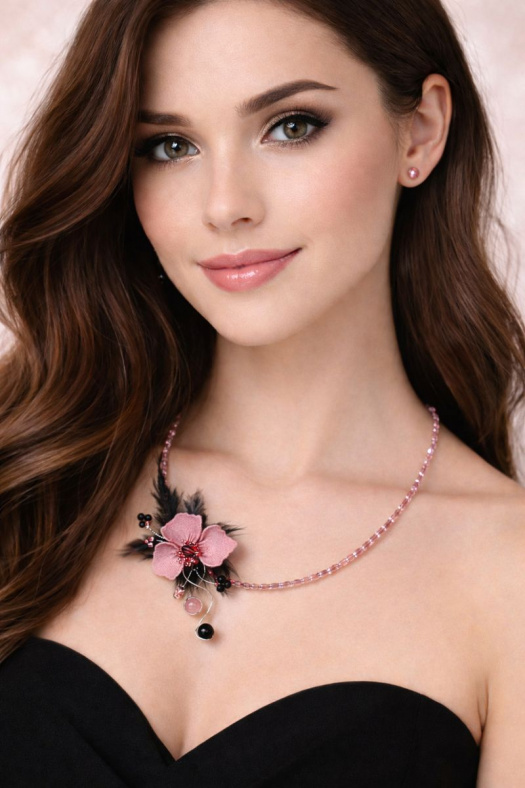 Elegantní růžový náhrdelník s květinovou ozdobou