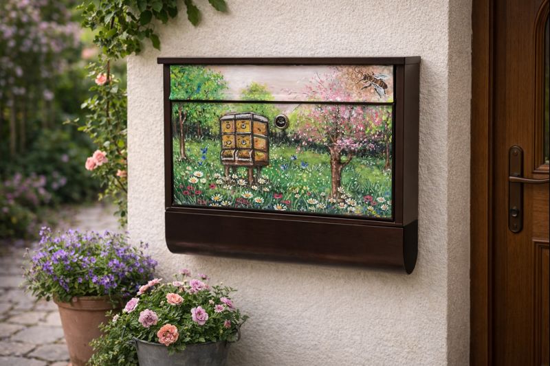 Ručně malovaná poštovní schránka – včelí úl v rozkvetlé zahradě | Originální venkovská dekorace