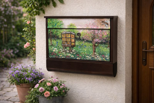 Ručně malovaná poštovní schránka – včelí úl v rozkvetlé zahradě | Originální venkovská dekorace