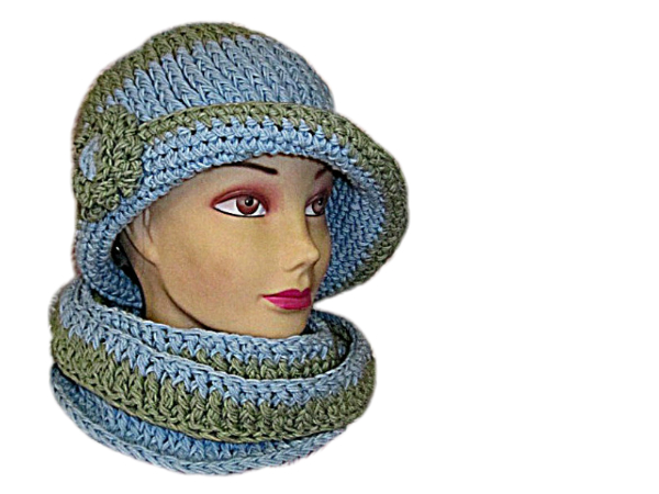 Teplý zimní klobouček s květinou a nákrčníkem