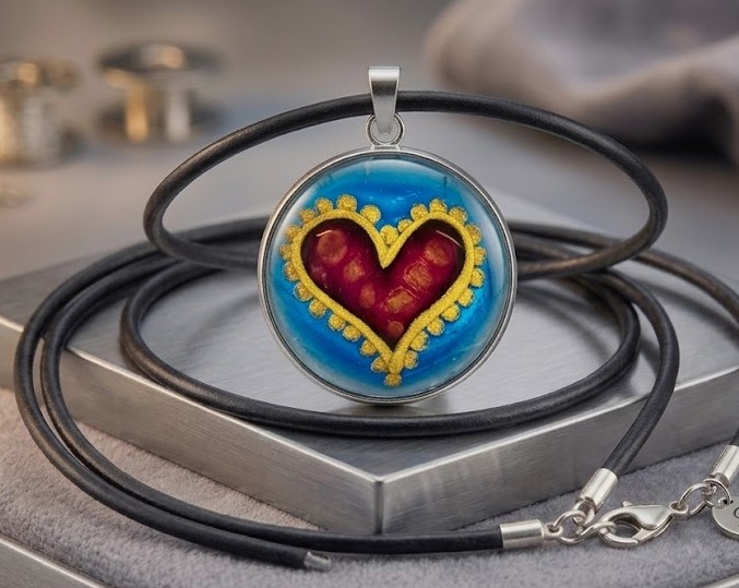 Ručně malovaný skleněný náhrdelník-Rubínové srdce ve vlnách