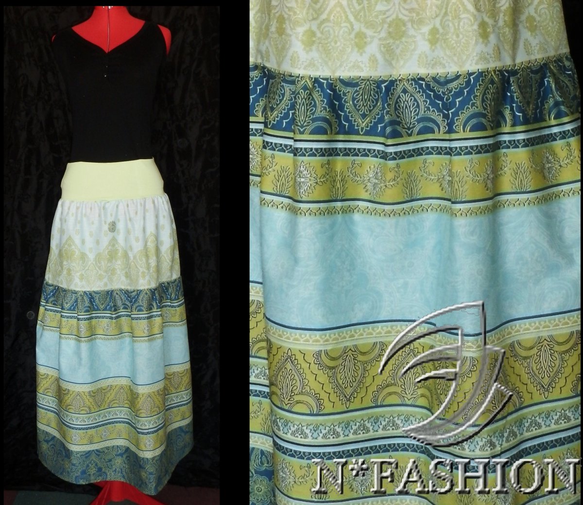 Dlouhá sukně v modrých a zelených odstínech.