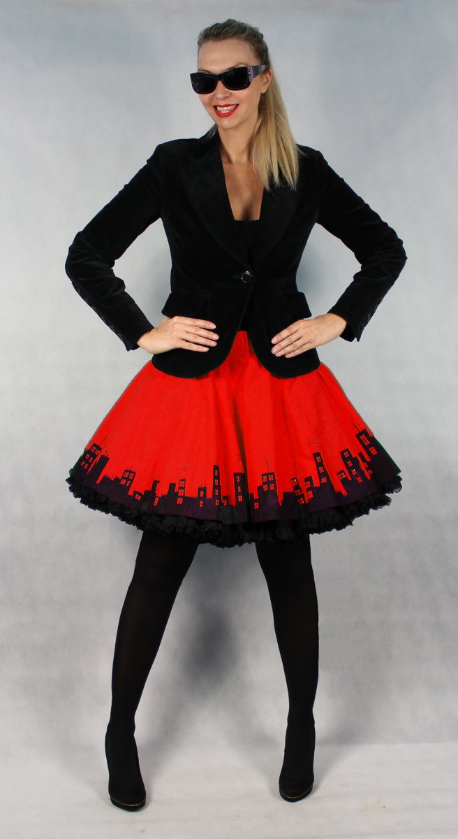 FuFu sukně červené město s černou spodničkou