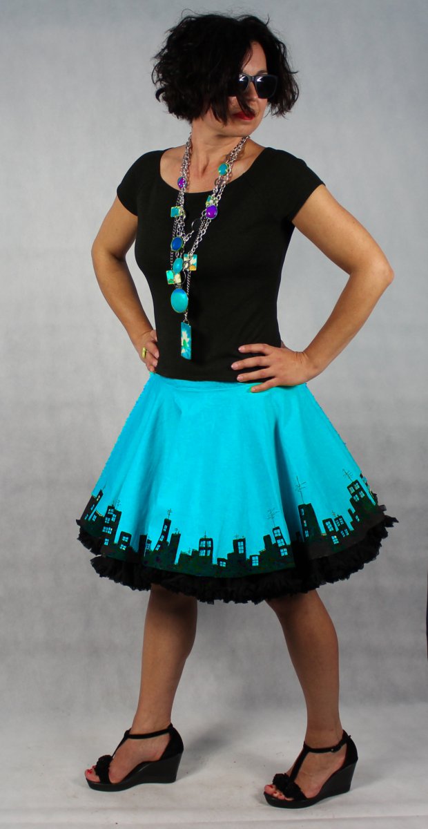 FuFu sukně tyrkys město s černou spodničkou