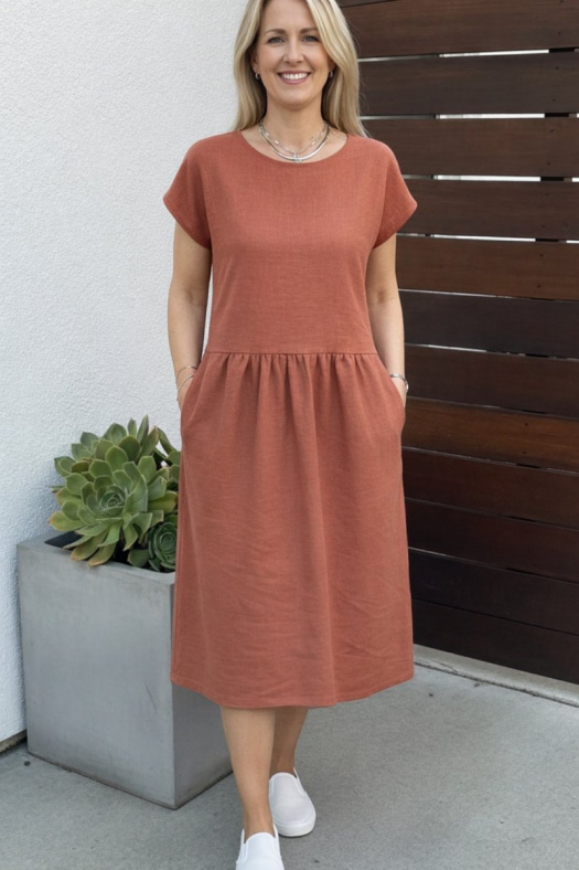 Lněné šaty s kapsami - barva cihlová, velikost 2XL  ~ SLEVA ~