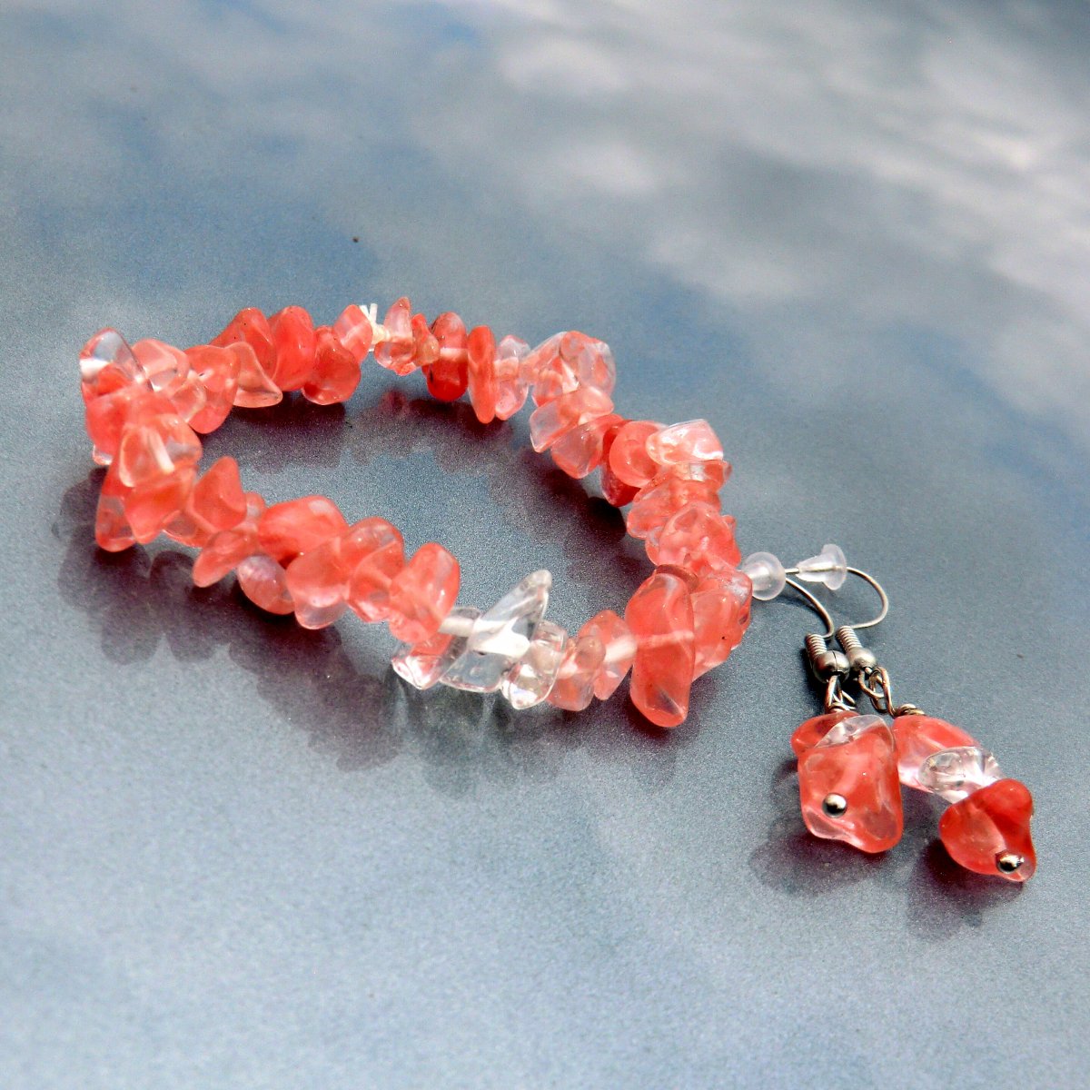 Souprava * náramek + naušničky * Jahodový Křemen/Křišťál