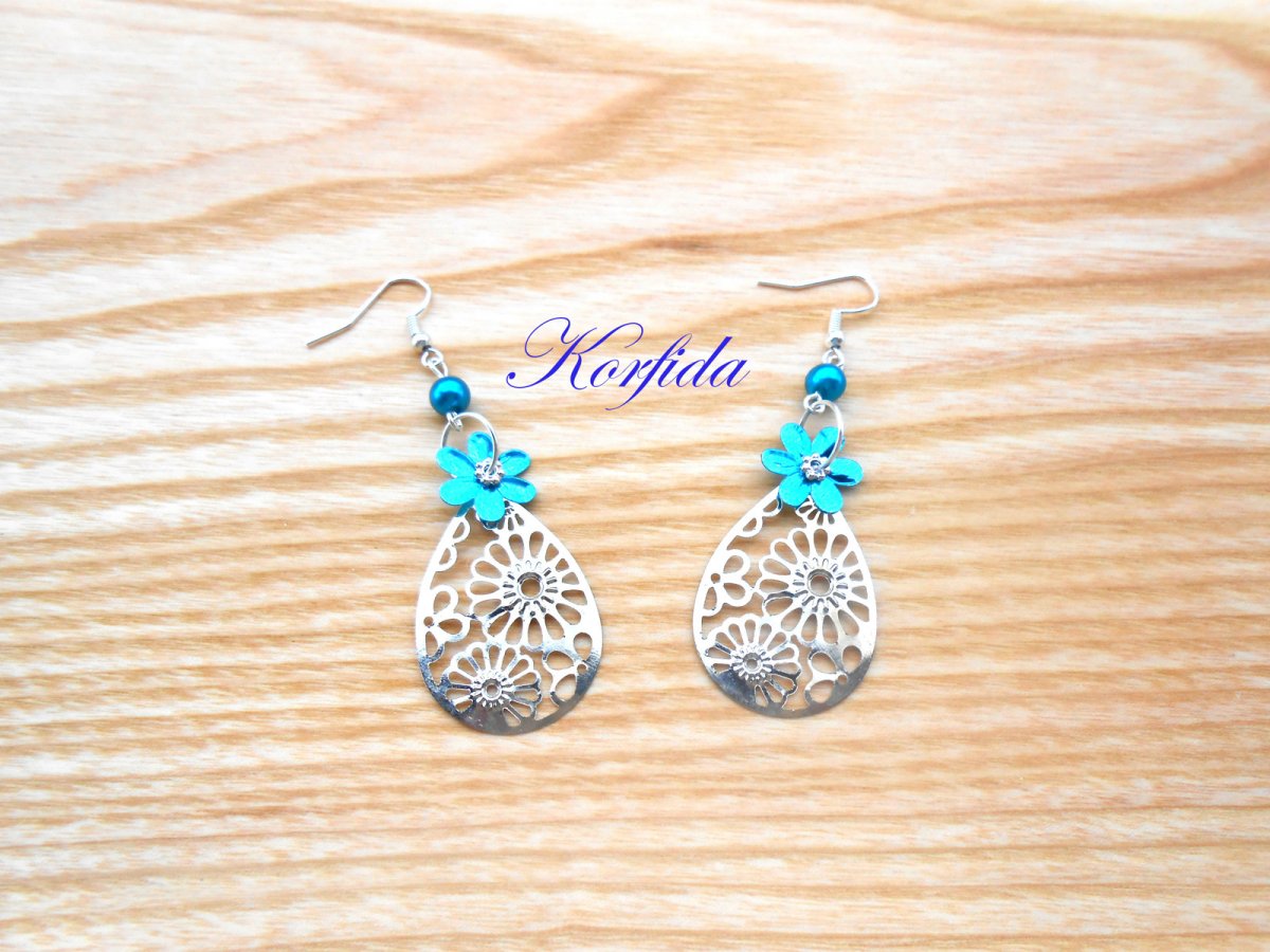 Náušnice slza kytičková + tyrkysová (215/16)