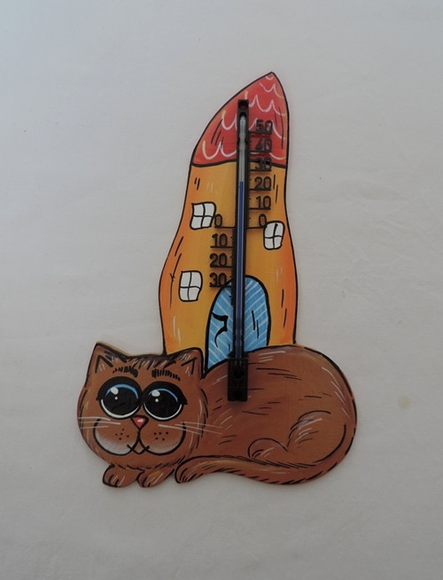 Dřevěný teploměr-ležící kočka