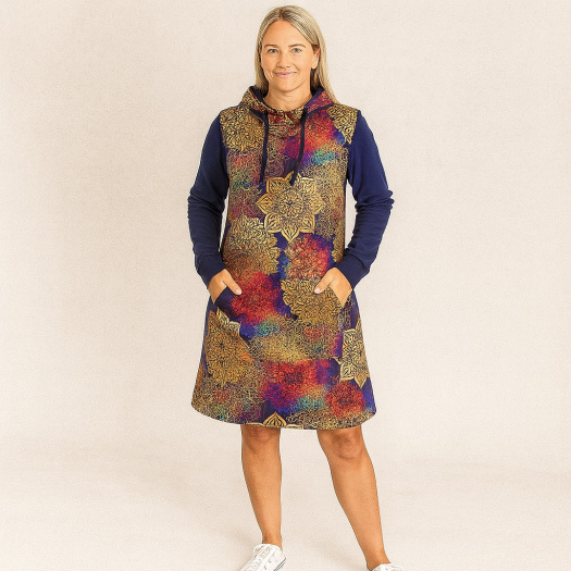 Mikinové šaty s kapucí - zlaté mandaly (teplákovina)