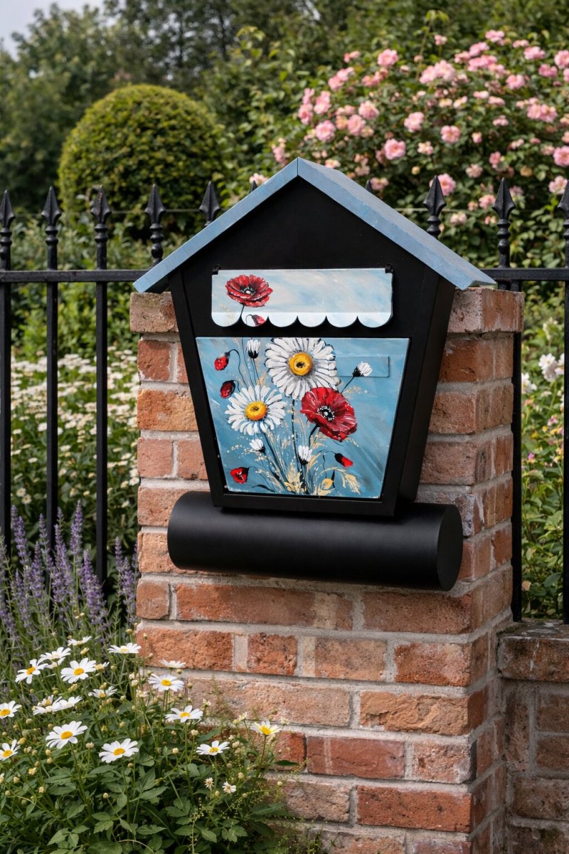 Ručně malovaná poštovní schránka – domeček s motivem zahrady