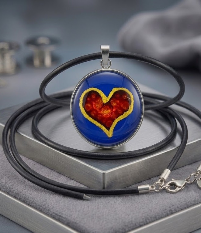 Ručně malovaný skleněný náhrdelník –Rubínové srdce v hluboké modři