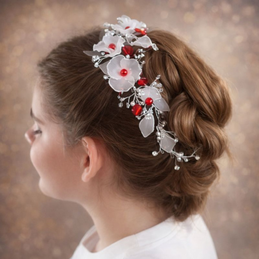 Elegantní svatební vlasová ozdoba s bílými květy a červenými korálky | Ruční výroba