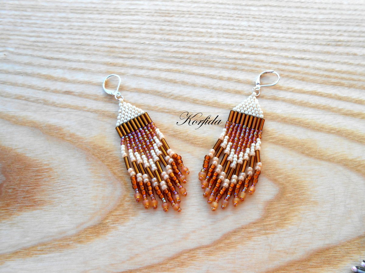 Náušnice šité hnědá + béžová + medová (590/16)