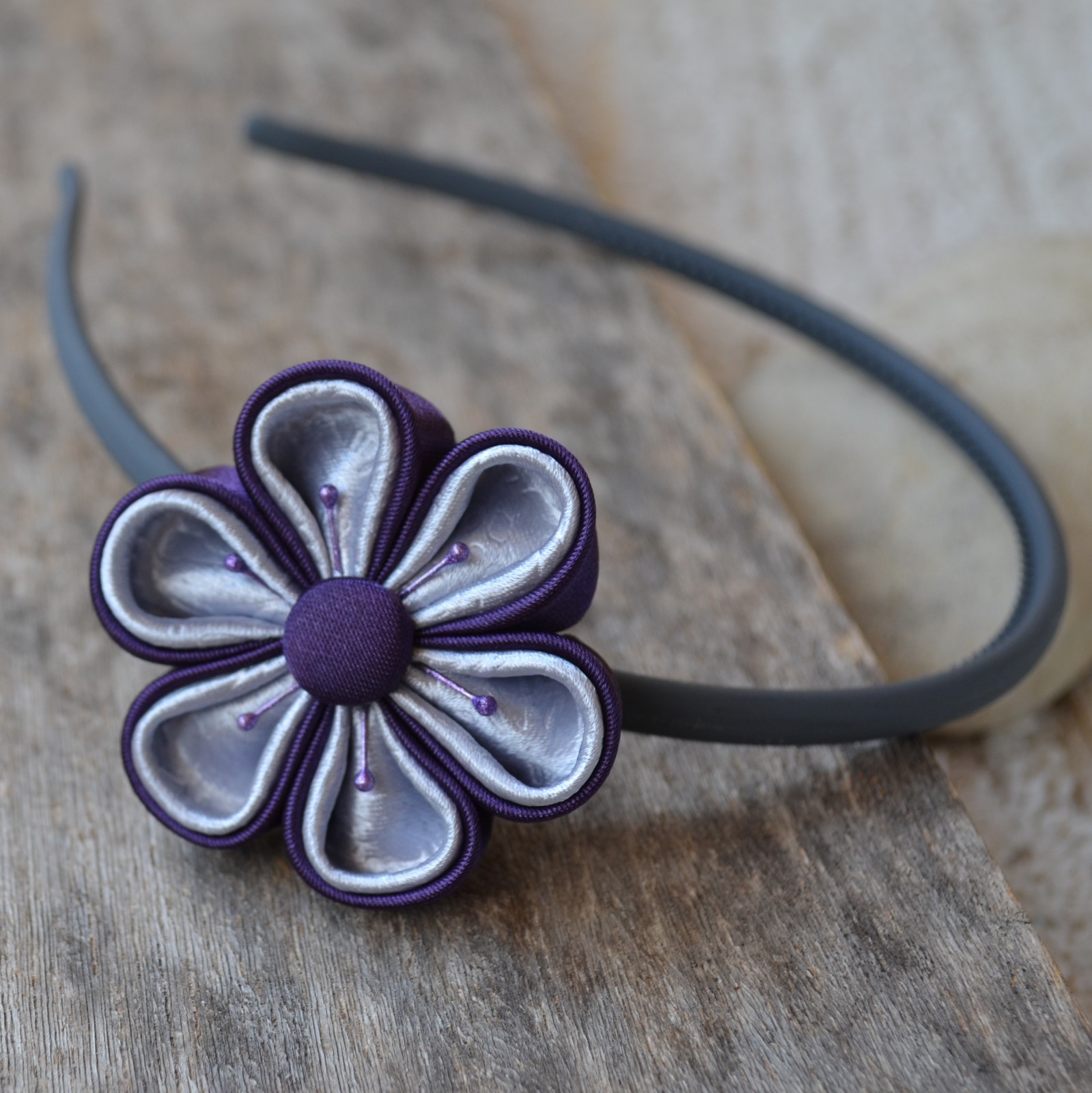 Kanzashi čelenka-šedo-fialová