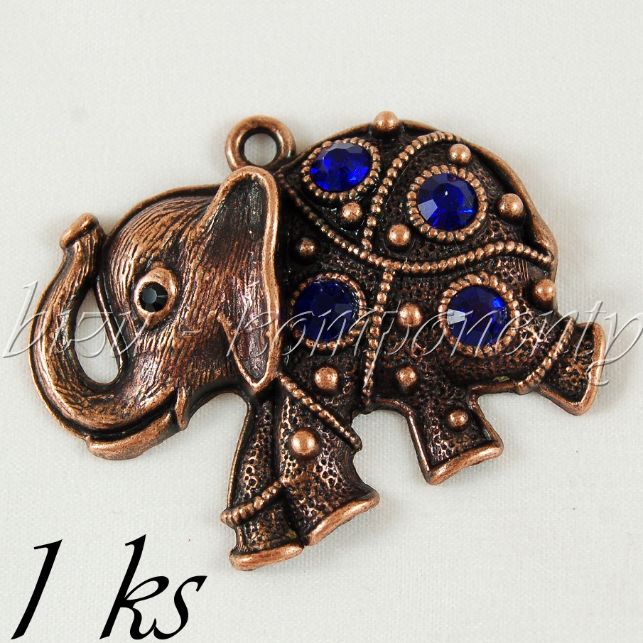 Běžící slon s tmavě modrými šatony, měděná barva (02 0964)