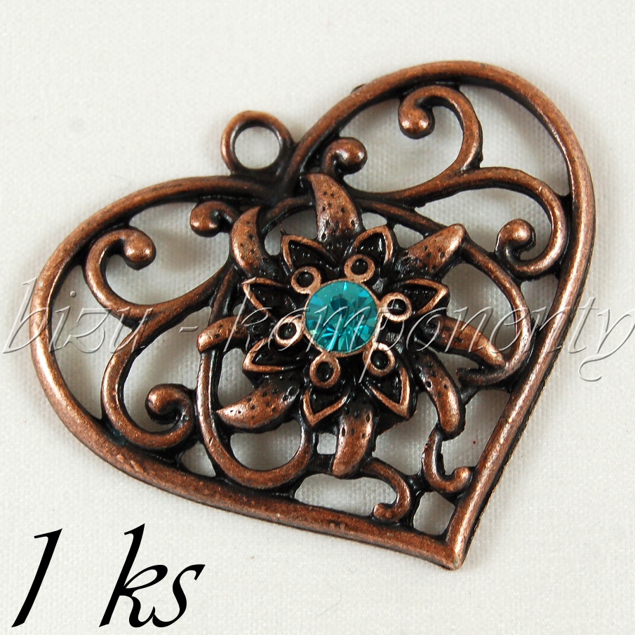 Srdce se světle modrým šatonem, měděná barva (02 0987)