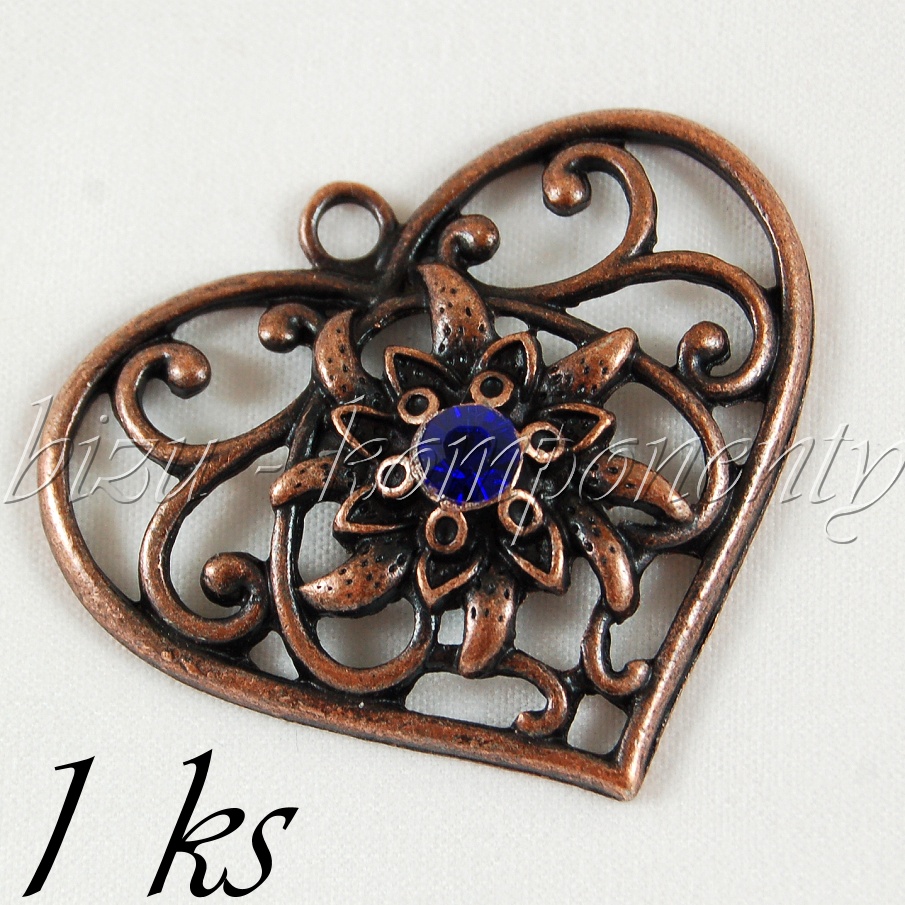 Srdce s tmavě modrým šatonem, měděná barva (02 1005)