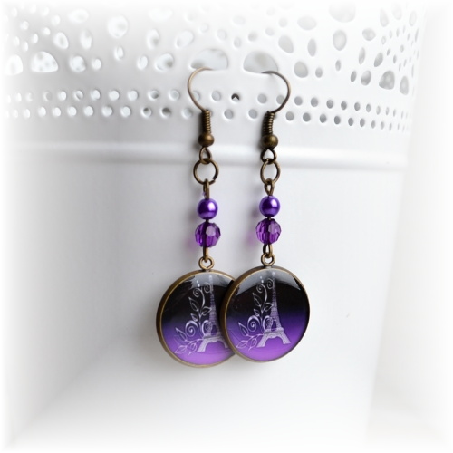 Náušnice - fialová Eiffelova věž