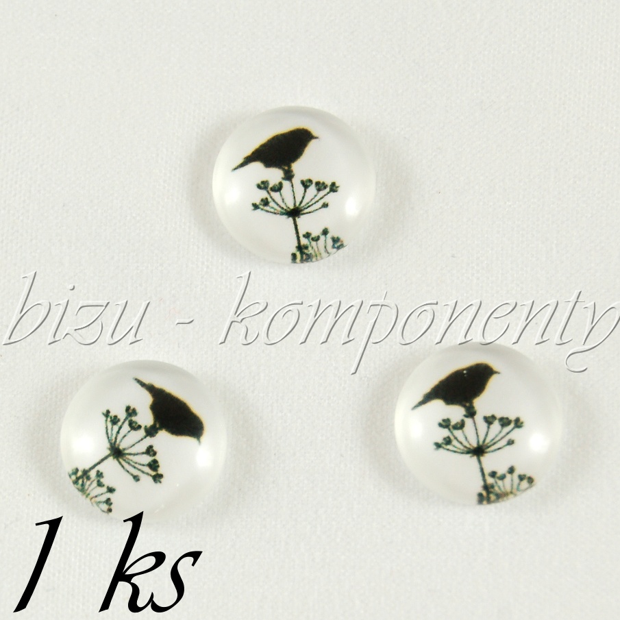 Skleněný kabošon ptáček na kmínu (35 2216)