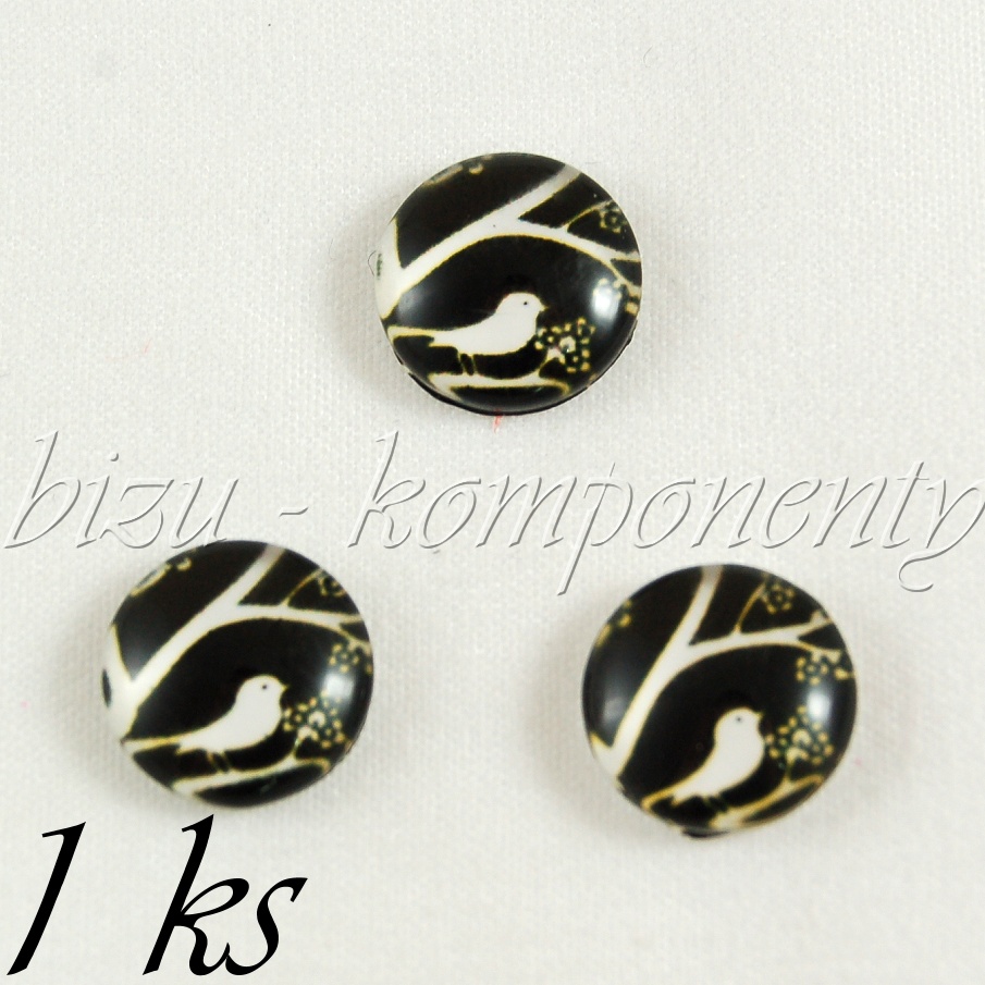 Skleněný kabošon ptáček na stromě, 12 mm (35 2248)