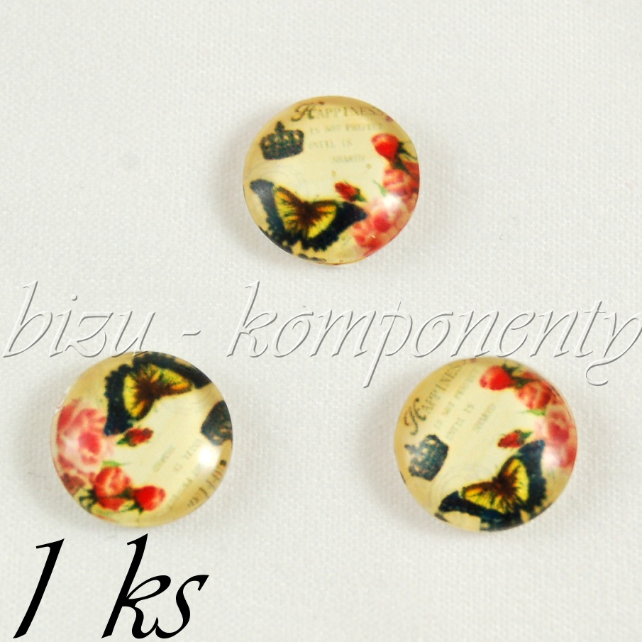 Skleněný kabošon motýl s růžemi, 12 mm (35 2258)