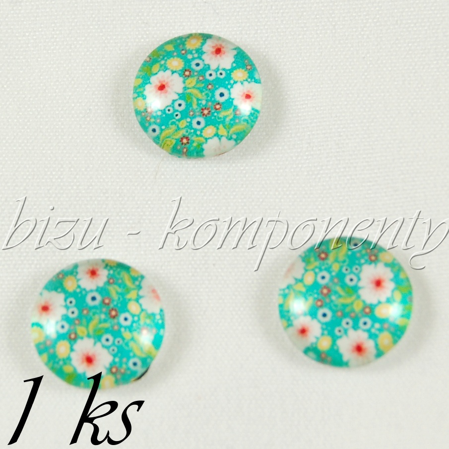 Skleněný kabošon světle modrý s růžovými květy, 12 mm (35 2365)