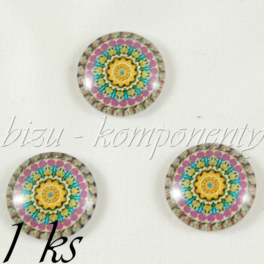 Skleněný kabošon fialovo-žlutá mandala, 16 mm (35 2391)