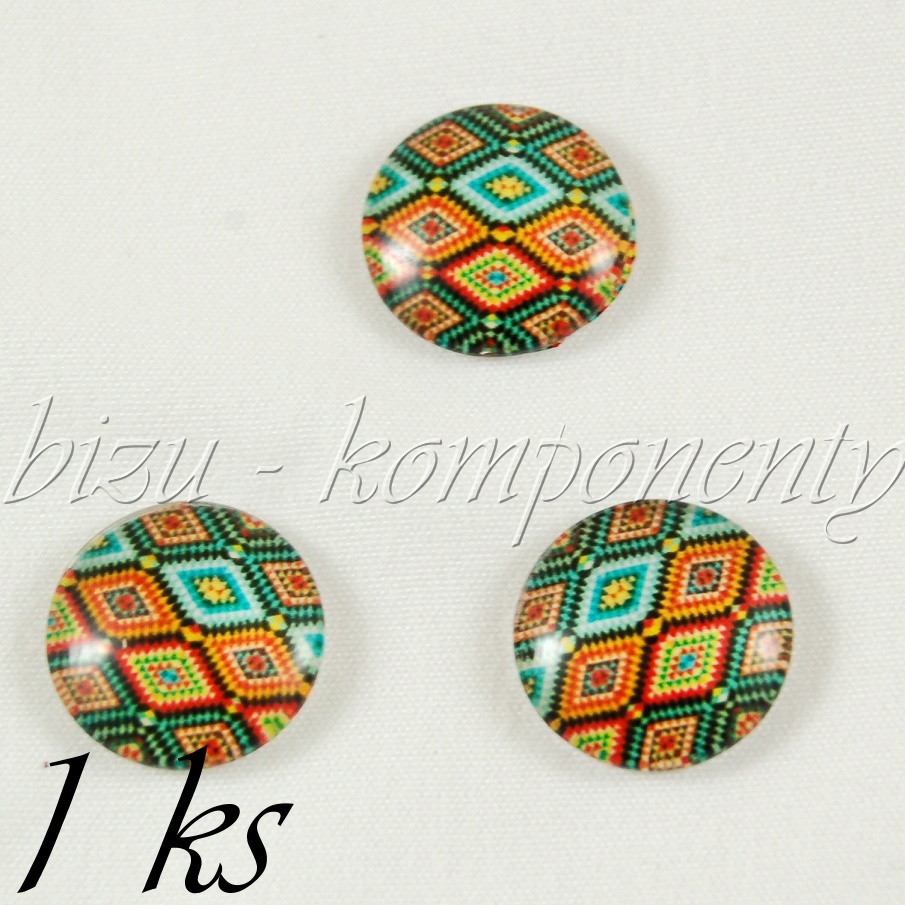 Skleněný kabošon s barevnými čtyřúhel., 16 mm (35 2389)