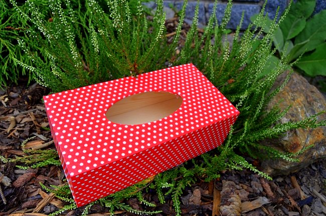 krabička na kapesníky bílé puntíky na červené