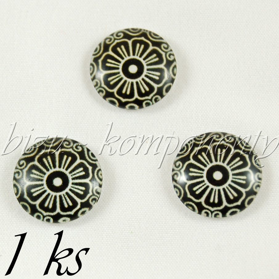 Skleněný kabošon černo - bílá kytička, 16 mm (35 2379)
