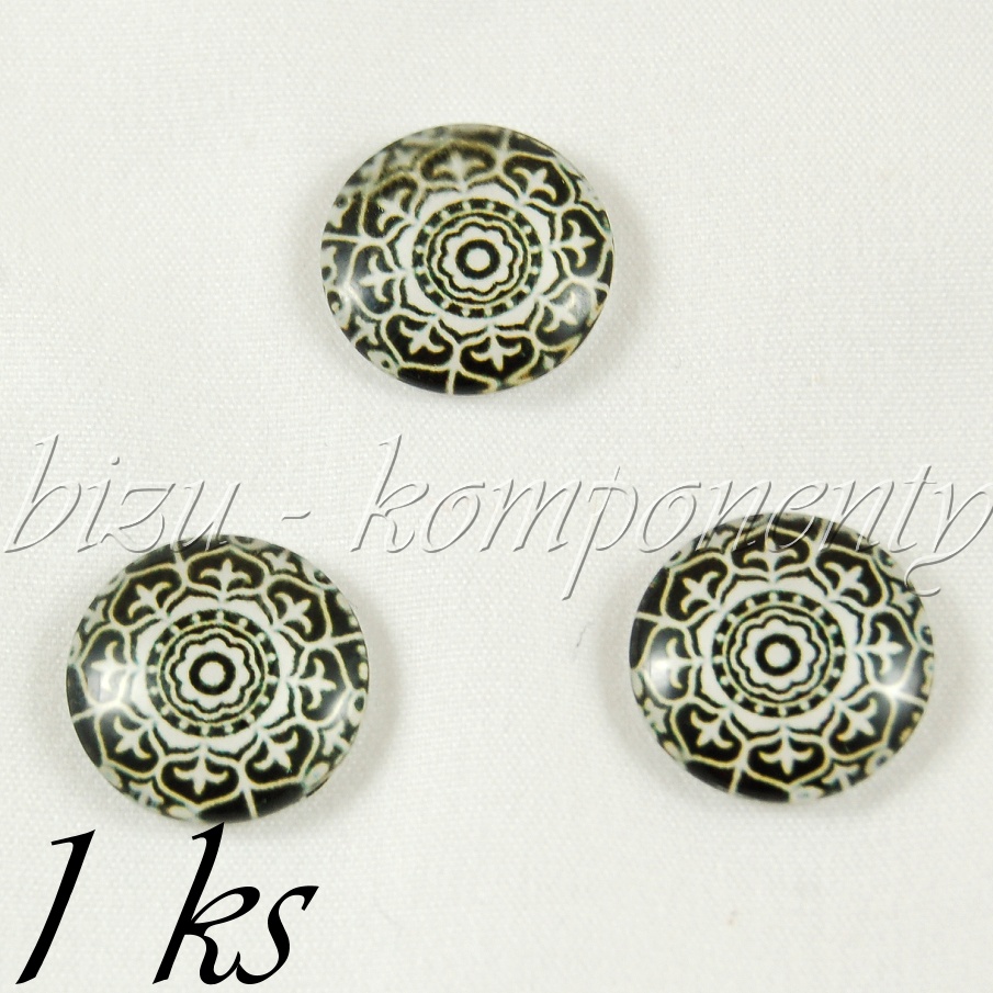 Skleněný kabošon černo-bílý kvítek., 16 mm (35 2390)