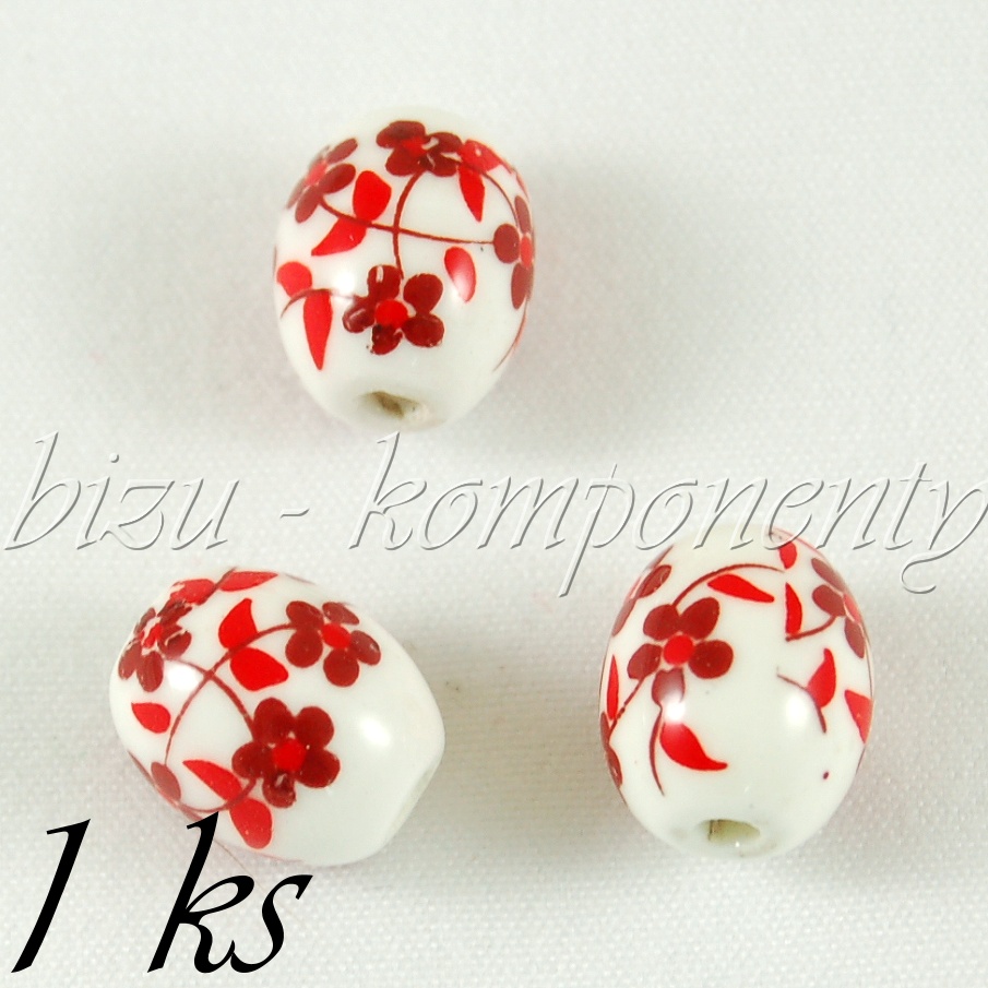 Keramický korálek soudek s červenými kvítky (01 0365)
