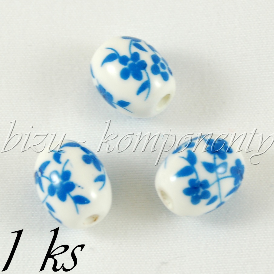 Keramický korálek soudek s modrými kvítky (01 0364)