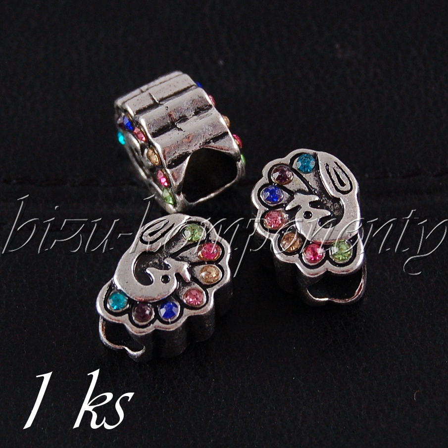 Kovový korálek páv s barevnými šatony (28 0049)