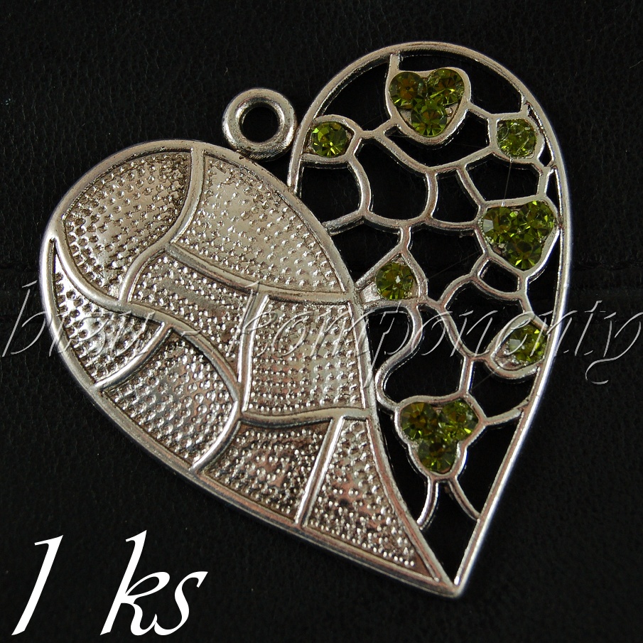 Velké ozdobné srdce se zelenými šatony, stříbrná barva (02 1074)