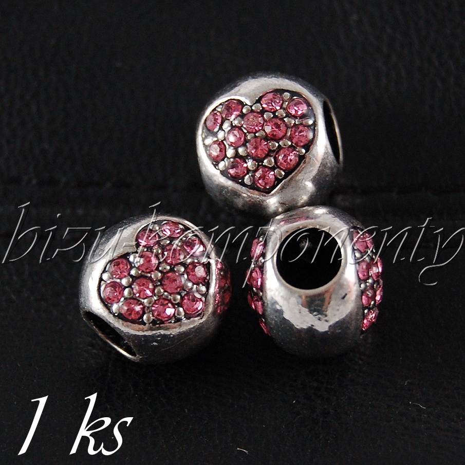 Kovový korálek s růžovými šatonovými srdíčky (28 0097)