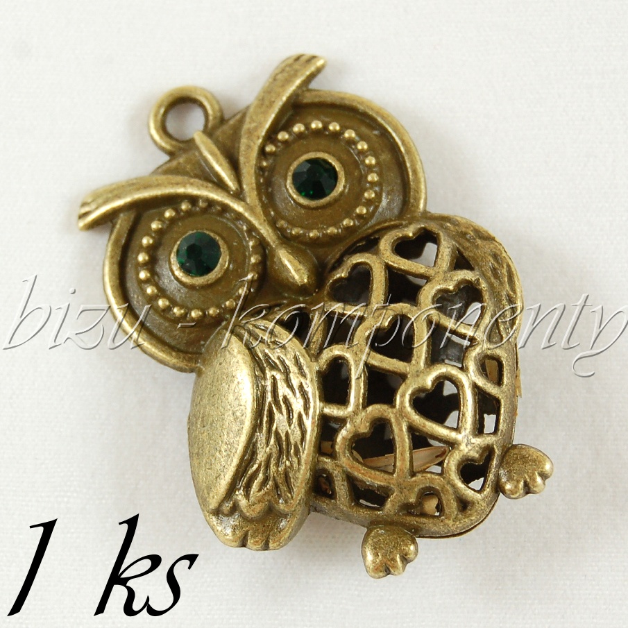 Srdíčková 3D sova s tmavě zelenýma očima, bronzová barva (02 0853)